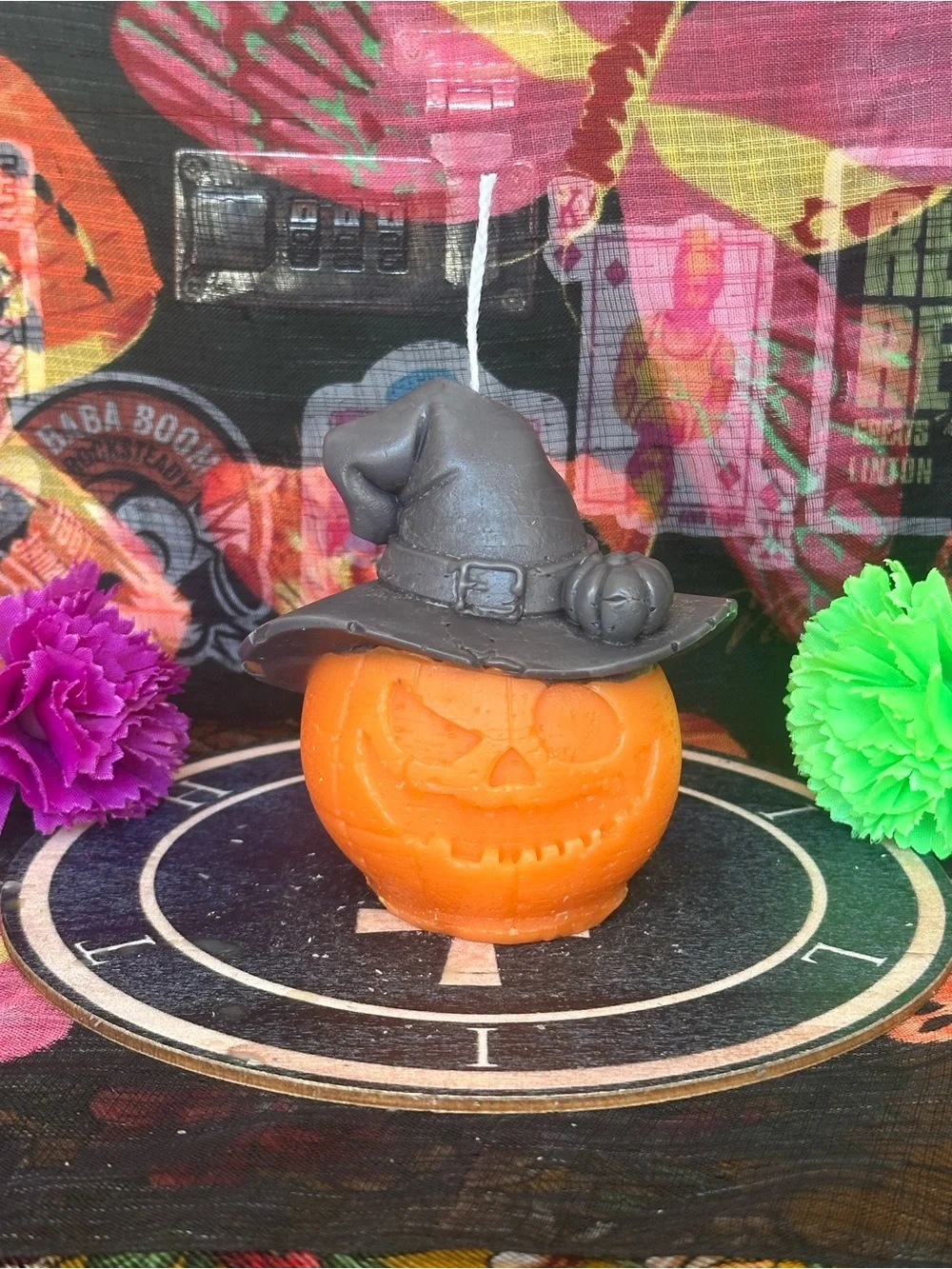 Hand Crafted Orange Pumpkin Candle with Black Witch Hat